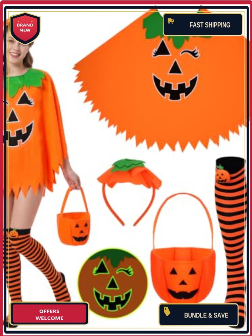 Halloween Pumpkin Costume Set Poncho Cape Headband Socks Candy Bag